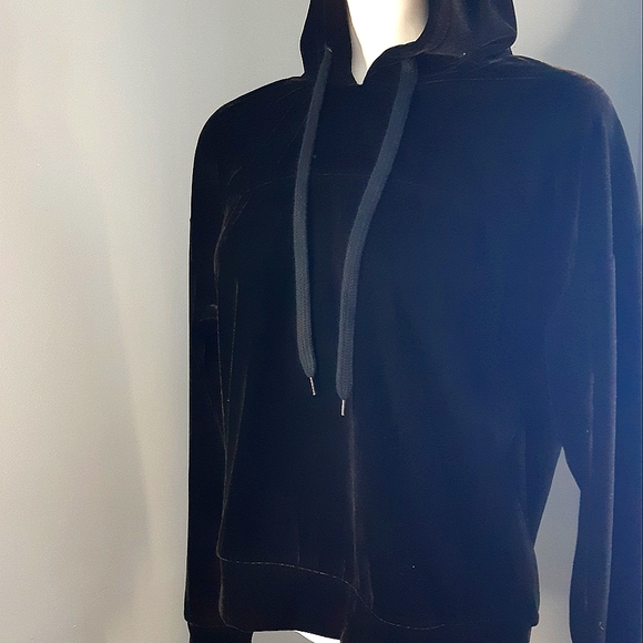 ICHI black velour drawstring hooded pullover super soft sweatshirt size medium - Picture 3 of 11